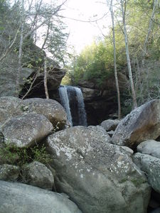 Far away view of Eagle Falls, through the boulders.