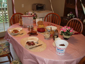 French toast, strawberry topping, fruit salad, and lemon pudding for dessert! Yummy....