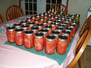 We did 36 quarts of whole tomatoes, 12 quarts crushed tomatoes, 6 quarts of salsa, and 7 quarts of green beans!