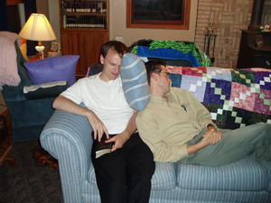 David and Robert relaxing in the living room.