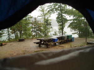 We watched the rain from this little window for over an hour. Then we realized that we were floating in a puddle of water! Our tent pad had no drainage! Daniel went out and dug a trench around our tent, and then we were fine. At least we stayed dry!