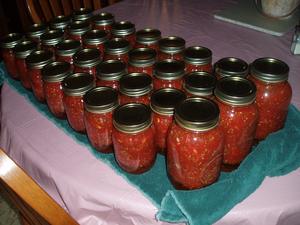 Esther came to visit us for a week, so she and I decided to can some more salsa. We did 28 pints and 3 quarts! Yummy!