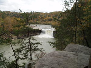 View of Cumberland Falls with the fall colors, from our favorite viewpoint along the trail.