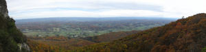 Panorama of the whole valley below. We were standing in Kentucky, looking at the valley of Virginia below, and seeing across the corner of Tennessee and even the Smokey Mountains which border into North Carolina!