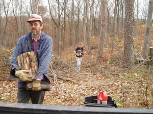 Mike and Danielle with more logs. It was hard work, but we managed to cut, load, and deliver nearly 2 cords of wood to our house in one day! Still have more to get later.