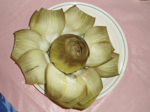 Kristina's creations--this is a cooked artichoke. Daniel's still learning how to enjoy those, but they're Kristina's favorite!