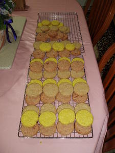 Kristina's sugar cookie experiment! Yellow=lemon, pink=cherry, brown=maple.