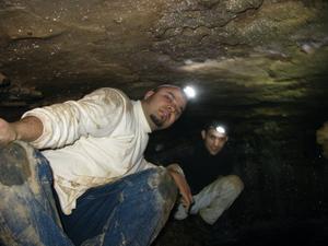 Adam and Jason at the very highest point of the waterfall they could squeeze into!