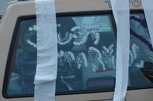 One of the groups had brought two rolls of toilet paper with them for quick decorations. The groomsmen wrote "Just Maryd" on the back windshield.