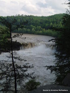 This is one of our favorite views of Cumberland Falls, about halfway down the trail. Here the falls is at flood stage.