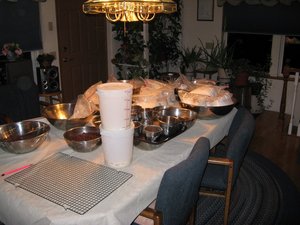 For our wedding preparation, we decided to do as much work ourselves as possible. Our reception dinner menu was fruit salad, breads and spreads. Kristina, her mother, Elisabeth, Sarah, and a baker friend Steve made ALL the bread in two and a half days! 