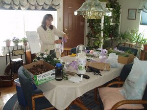 Janice helping me with bows and silk flower arrangements. She was indispensible help!