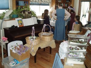 Some of the decorations and flower arrangements being prepared for the wedding.