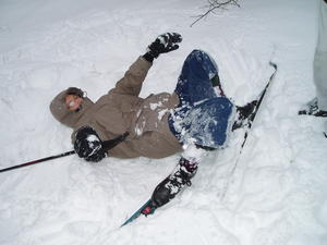 Step nine: Helplessly try to get up from the downhill position with skis and poles going their own way. Try to find an uphill point to make a snow angel next time.