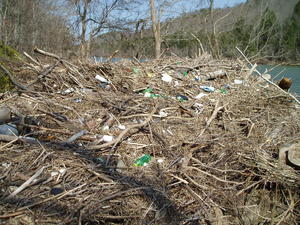Flood waters washed up a lot of trash in piles along the bank.