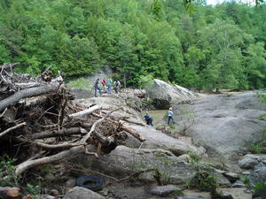 Some of the young people climbing around the boulders near Eagle Falls.