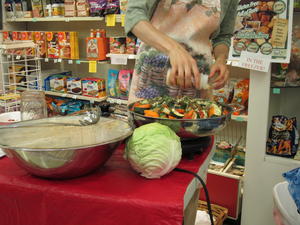 Kristina demonstrating Vegetable Pasta Sauce--mostly vegetables with a little bit of sauce.