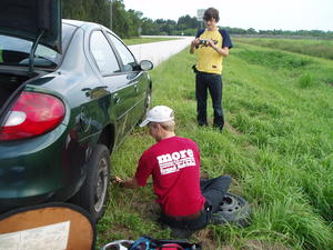 Heading back to our motel from the space center, we had a tire blowout! Thankfully, we made it back on the spare and got new tires the next morning.