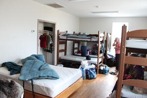 Kristina's cabin on Sunday morning... can you guess which one is Kristina? (Yes, the blue sleeping bag sprawled across the mattress! 