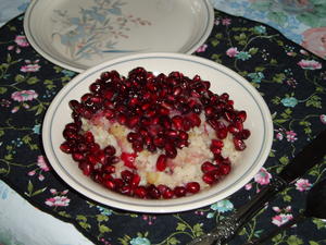 A Christmas Breakfast--Rice Cranberry pudding with Pomegranates. Yummy!