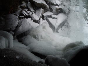 Looking at the falls coming down on to the ice