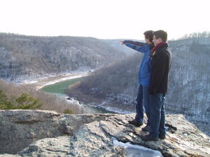Lucas and Alex contemplating where they should try climbing around next.