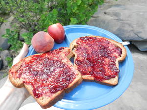 Peaches, homemade bread, with peanut butter and homemade mulberry jam!