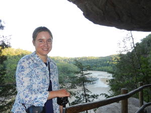 Kim with Cumberland Falls behind her.