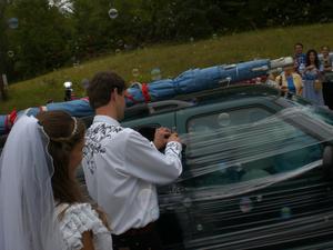 Groom just "happened" to have a razor knife in his pocket! 
