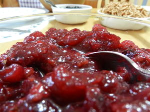 Timothy brought cranberry relish and gluten steaks.