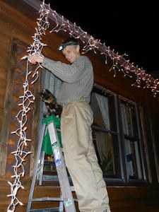 Marble climbed the ladder to assist in the process. She had a blast chasing the dangling lights!