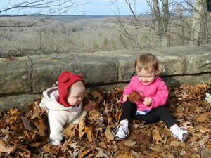 Two youngsters enjoying the leaves while the rest of us enjoy the view behind them.