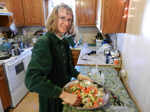 Kristina cooking away for our trip.