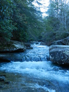 The raging creek above the falls.