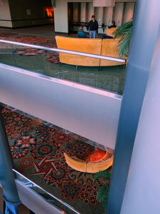 Unique view of two levels in the hotel lobby.