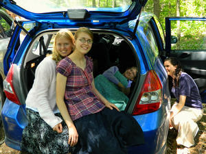 Sabbath afternoon, Kristina was tired, so she got some rest in the back of the car, while her "girls" all came and kept her company. Melissa, Esther, and Jennita.