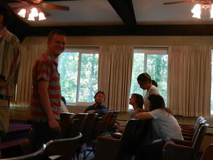 Talking with friends after the music program, before heading back to Ernie's house for the evening.