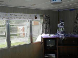 Here's the final view of the living room and welcome banner.