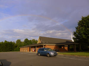 Rainbow over the church as the Kent's drove to their honeymoon.
